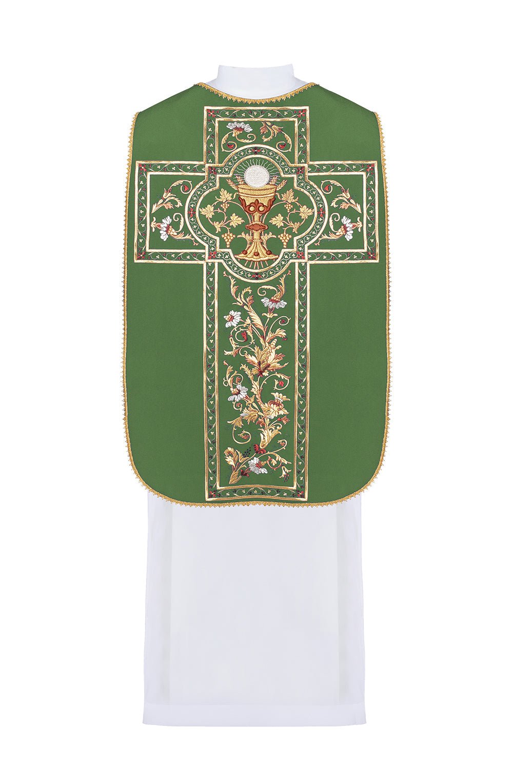 Chasuble romaine verte brodée d'un motif de calice eucharistique