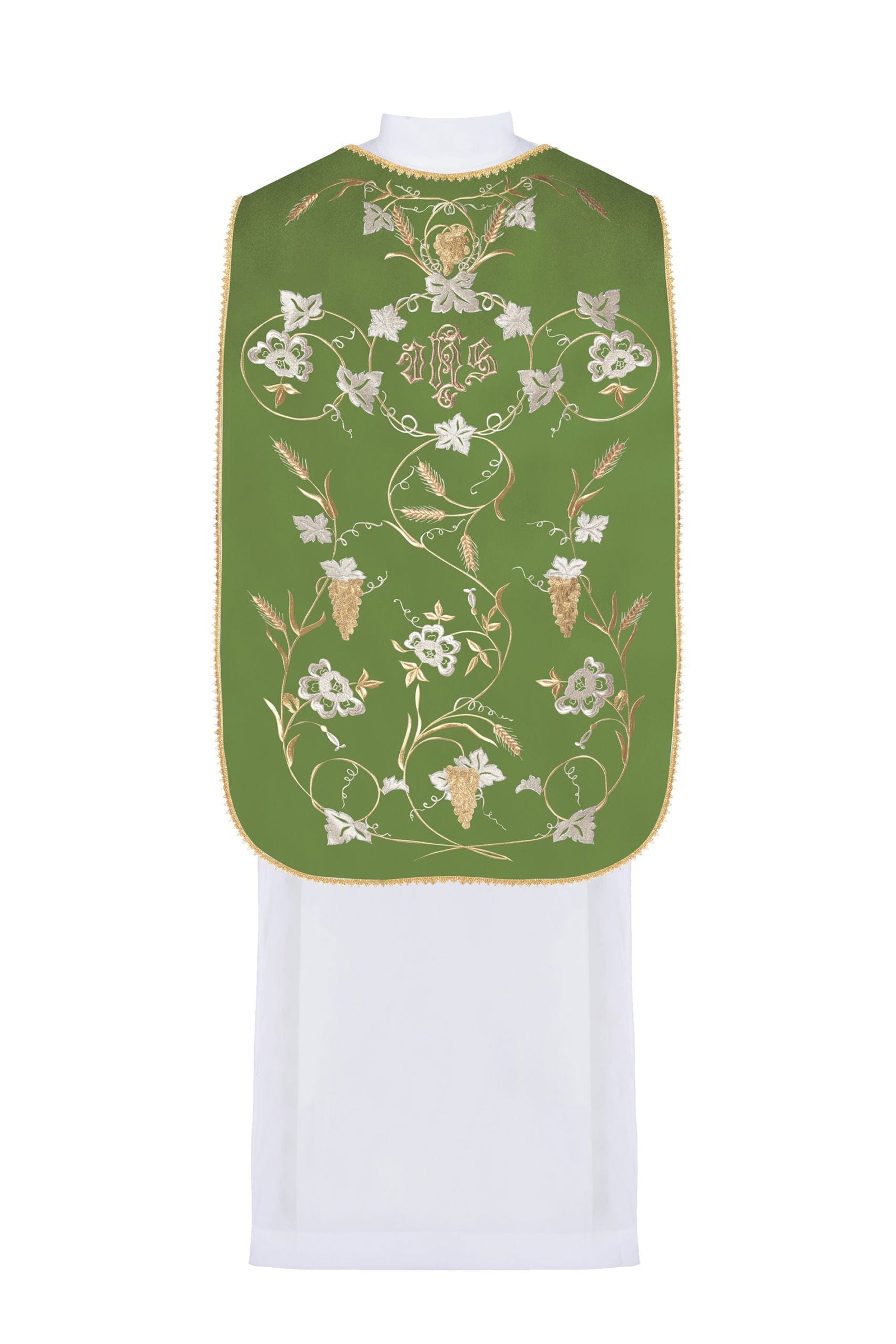 Chasuble romaine verte avec motif d'IHS, d'oreilles et de raisins