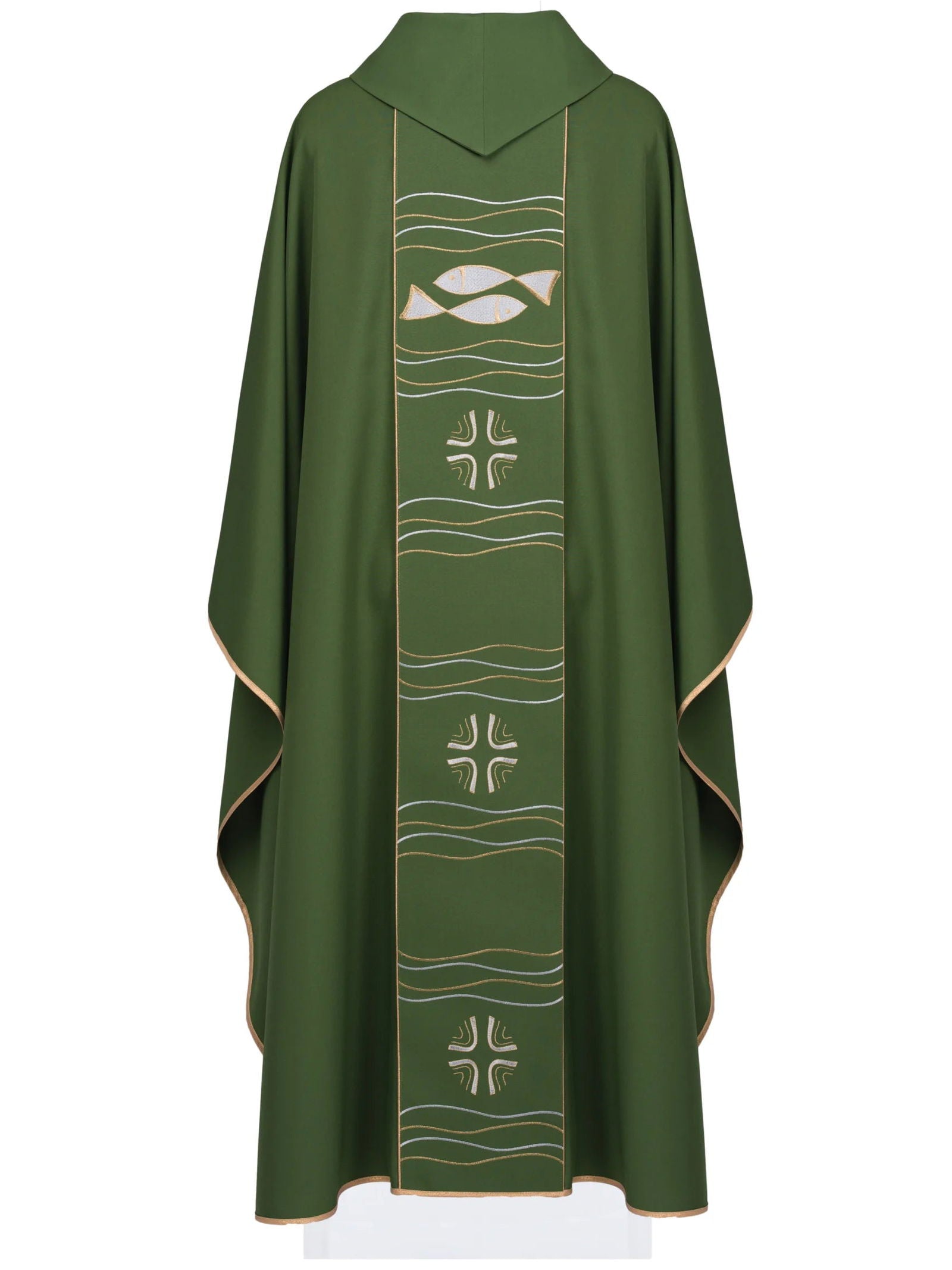 Chasuble verte avec broderie de la croix et du poisson