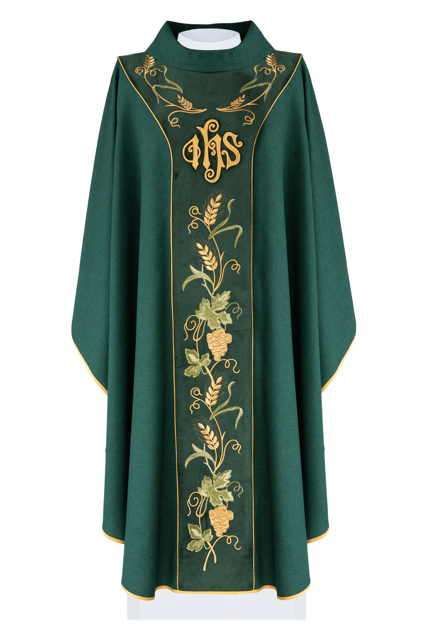 Chasuble verte avec motif de raisin brodé et IHS