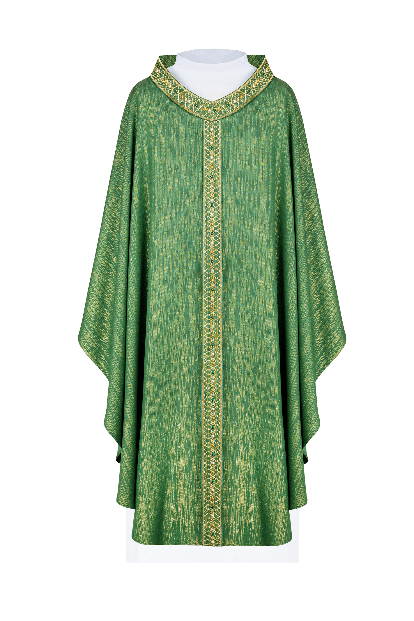 Chasuble verte avec ceinture brodée et col orné de pierres