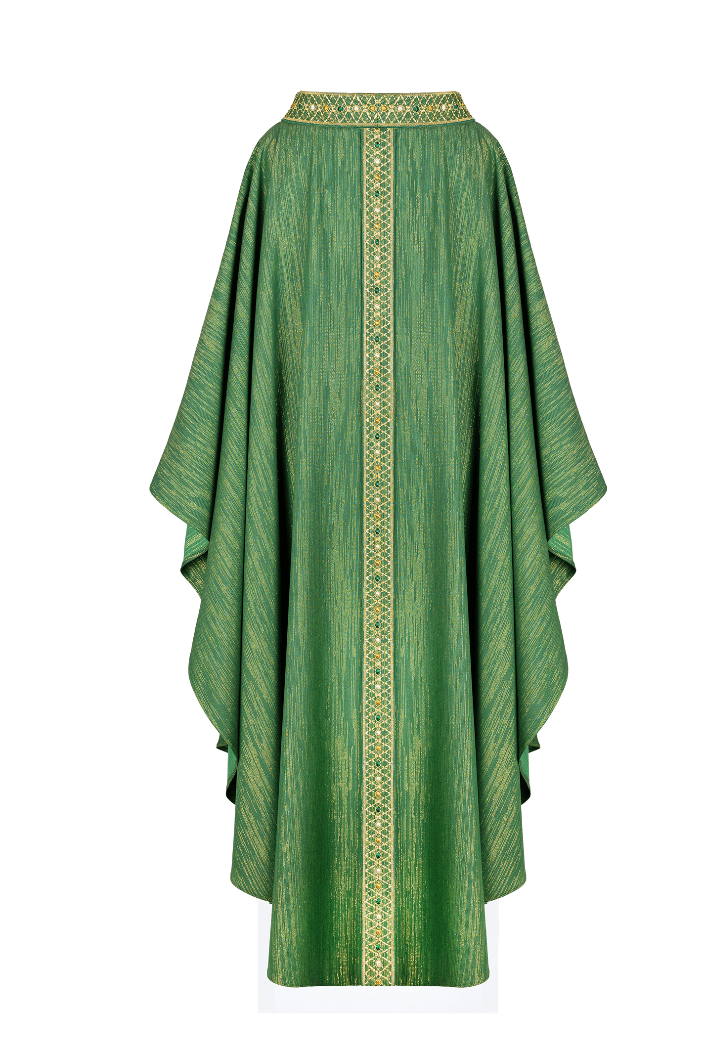 Chasuble verte avec ceinture brodée et col orné de pierres