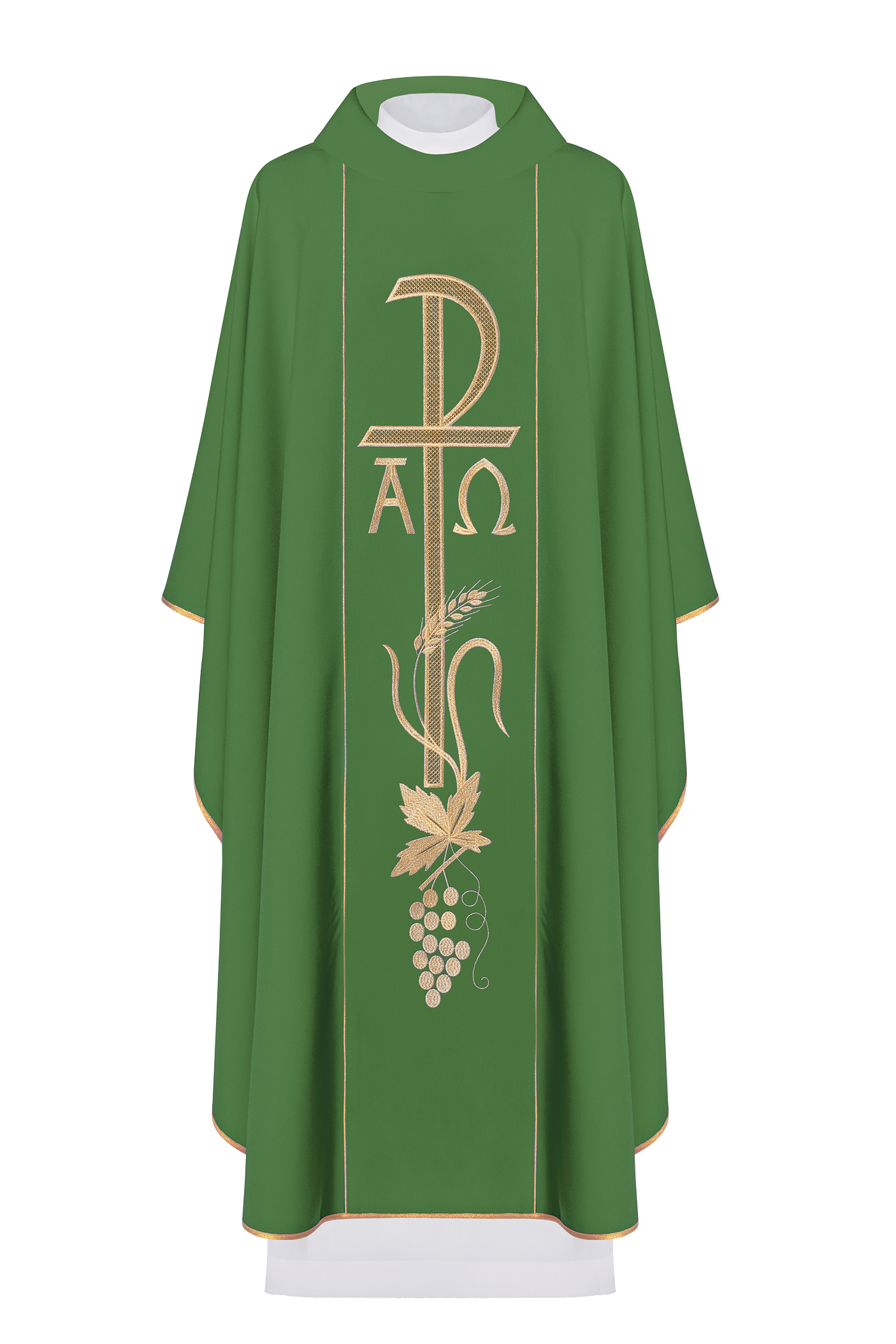 Chasuble verte avec large ceinture Alpha et Omega brodée en or