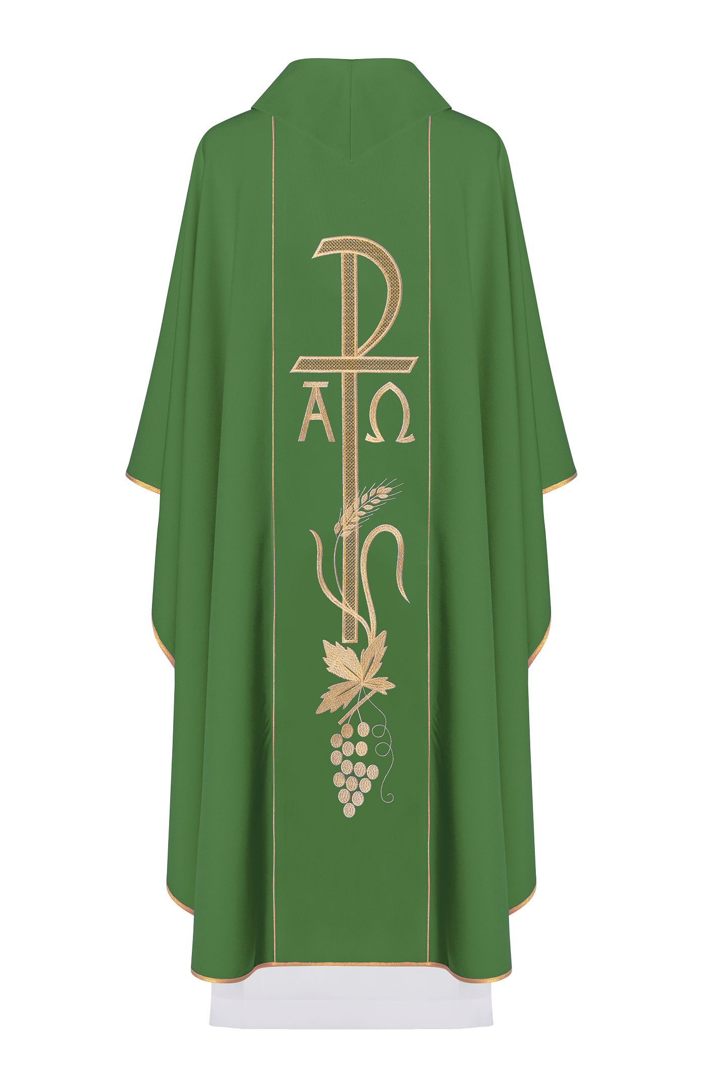 Chasuble verte avec large ceinture Alpha et Omega brodée en or