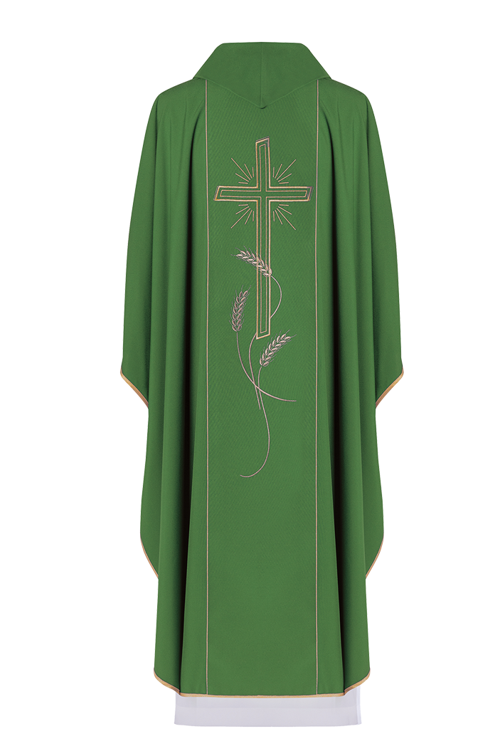 Chasuble verte avec une large croix IHS brodée de bandes dorées